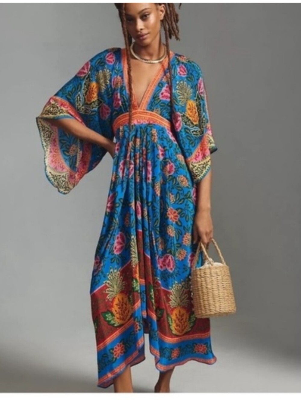 NWOT FARM RIO Blue Pineapple Garden Kaftan Maxi Dress